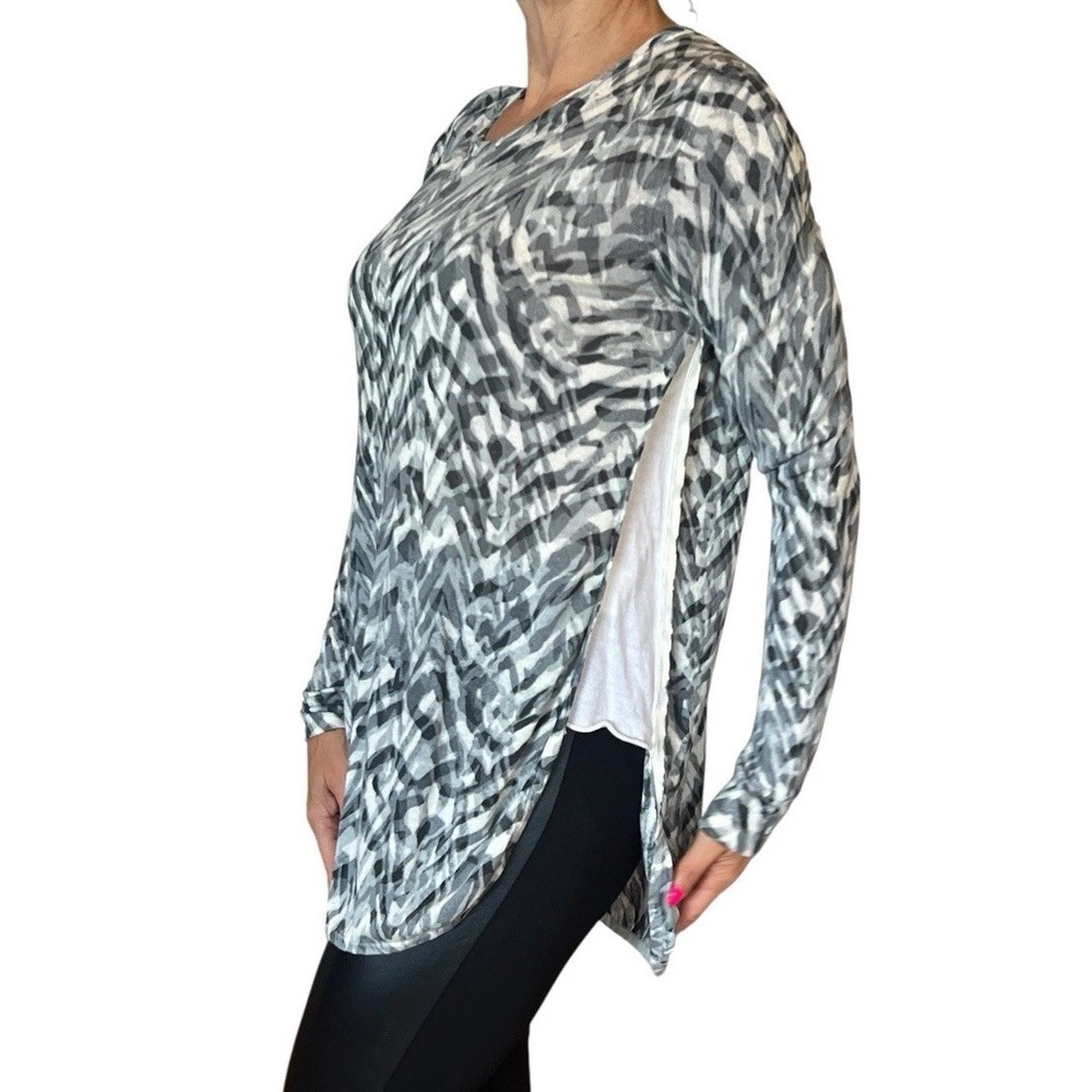 KOKUN Women's pullover tunic sweater Gray printed‎ curved hem bamboo cashmere S